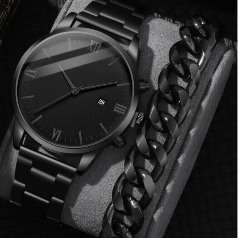 2pcs/set Fashionable Business Style Stainless Steel Quartz Watch With Bracelet - Picture 1 of 5